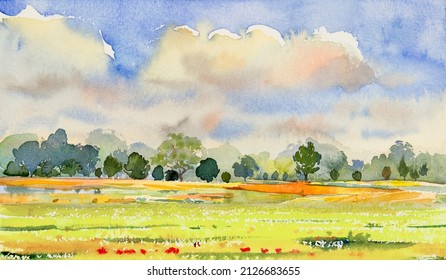 Watercolor Landscape Painting Panorama Colorful Of Natural Beauty Field Trees And Farm Forest With Sunrise, Sky Cloud Background In Nature Autumn Season. Paintings Impressionist, Illustration Image.