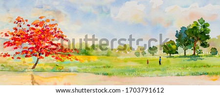 Watercolor landscape painting panorama colorful of natural beauty red flowers tree and mountain forest with sky cloud  background in nature spring season. Painted impressionist, illustration image