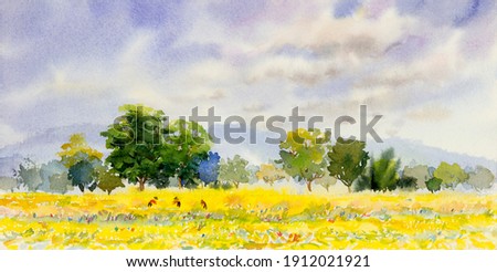 Watercolor landscape painting panorama colorful of natural beauty ricefield trees and farm forest with sunrise, sky cloud background in nature autumn season. Painted impressionist, illustration image.