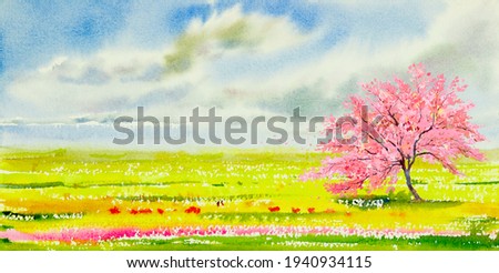 Watercolor landscape painting panorama colorful of cherry blossom tree, natural beauty with copy space sky cloud background in nature spring season. Painted impressionist, illustration image