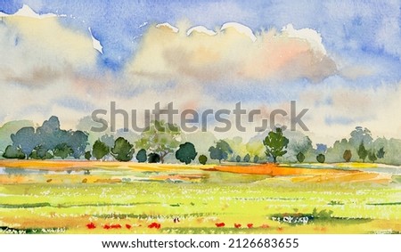 Watercolor landscape painting panorama colorful of natural beauty field trees and farm forest with sunrise, sky cloud background in nature autumn season. Paintings impressionist, illustration image.