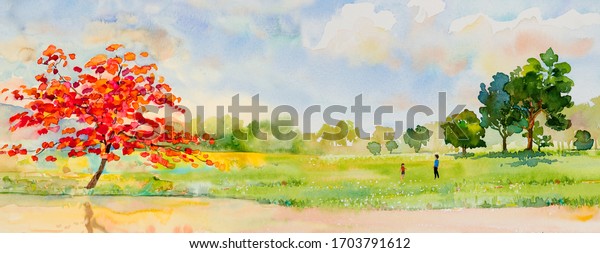 Watercolor landscape painting panorama colorful of natural beauty red flowers tree and mountain forest with sky cloud background in nature spring season. Painted impressionist, illustration image