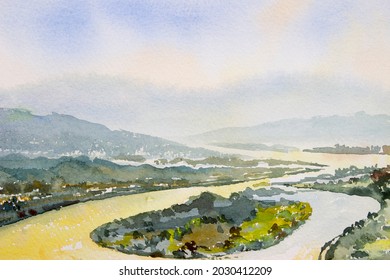 Watercolor landscape painting top view colorful Mekong River  mountain natural   forest and village  sky cloud background  landmark in Thailand  Painted impressionist  illustration image