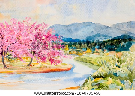 Watercolor landscape painting wild himalayan cherry riverside and mountain forest with sky background, in beauty nature spring season. Painted impressionist, illustration image