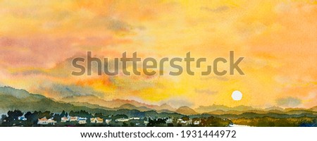 Watercolor landscape paintings colorful mountain sunset and sky cloud background, Painting abstract landscape spring in sky background. Hand painted nature environment illustration design. 