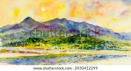 Watercolor landscape paintings colorful mountain range and sunrise yellow sky cloud background, Painting abstract art spring with autumn seasonal. Hand painted semi abstract illustration in the Asia.