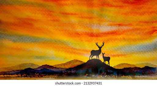Watercolor landscape paintings panorama colorful of deer wildlife on mountain in the twilight natural beauty with copy space yellow sky cloud background. Painting impressionist, illustration image