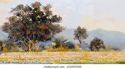 Watercolor Landscape Paintings Panorama Colorful Of Flowers Field Garden Tree And Farm Mountain Forest With Sky Background In Nature Spring Season. Painting Illustration Image.