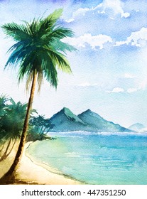 watercolor landscape palm beatch