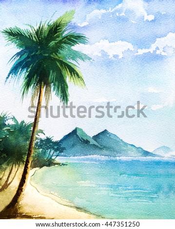 watercolor landscape palm beatch