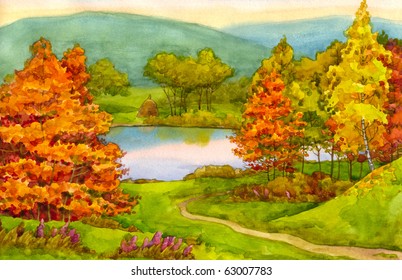 Watercolor Landscape. The Path Winds Among The Yellowing Trees On The Lake