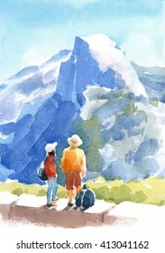 Watercolor Landscape with People and Blue Mountains on the Background Hand Painted Illustration