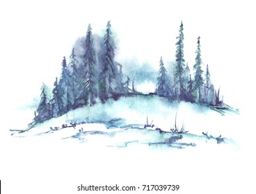 Watercolor Landscape, Picture. Picture Of A Pine Forest, A Blue Silhouette Of Trees And Bushes On A White Isolated Background.