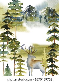 Watercolor Landscape With Pine Trees, Mountains, Fog And Deer Silhouette, Card Or Poster Template