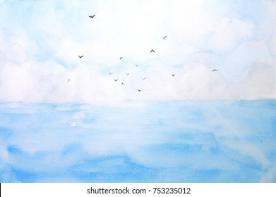 Watercolor Landscape Sea And Sky With Birds