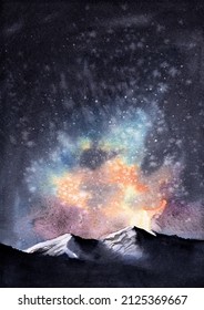 Watercolor landscape snow  capped mountain peaks under colorful star  studded night sky