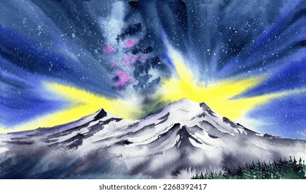 Watercolor landscape snow  capped mountain peaks under colorful star  studded night sky