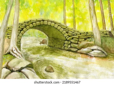 Watercolor landscape  stone bridge over the forest stream