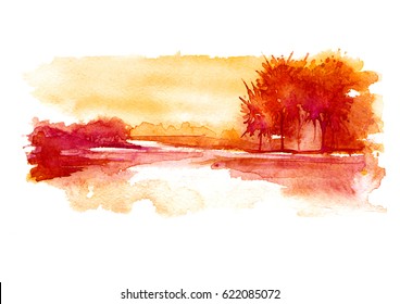 Watercolor landscape at sunset. Red and orange silhouette of trees, bushes, coast, nature. In the picture, water, sky, trees, bright reflection in the water. Beautiful vintage postcard, poster, image.