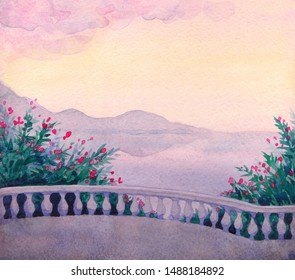 Watercolor landscape. Terrace with flowers by the sea