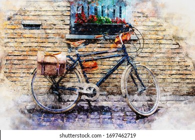 watercolor landscape of traditionally decorated bicycle over brick wall on watercolor paper texture background.