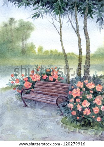 Watercolor landscape. Twilight in the old park. Bench by the road in the bushes pions under trees near the river