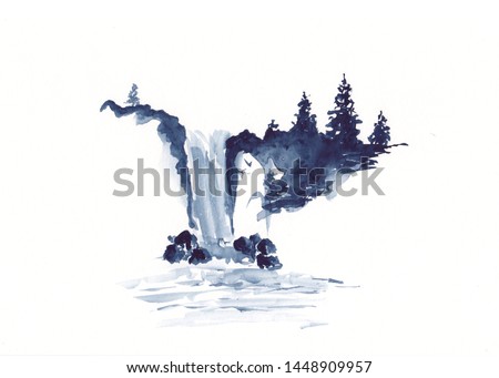 Watercolor landscape of waterfall and pine trees in Chinese Ink technique. Hand drawn calm mountains background for relaxation, meditation, restoration. Paper arts sketch. Asian style sumie painting.