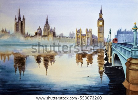 Watercolor landscape of Westminster bridge in London.