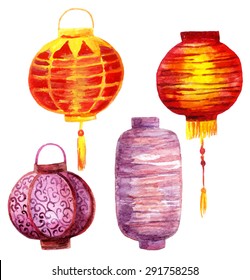 Watercolor Lantern Set. Hand Painted Asian Paper Lanterns