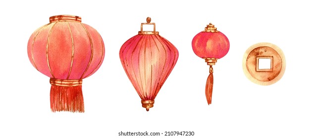 Watercolor Lanterns Set. Chinese Paper Lantern In Red And Gold Colors, Coin, New Year Decorations