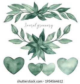 Watercolor Laurel Greenery Border, Corner,  Hearts, Hand Drawn Clipart