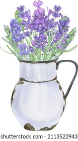 Watercolor Lavender Bouquet With Retro Farm Vase. Vintage Enamel Elements With Flowers