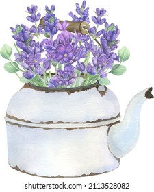 Watercolor Lavender Bouquet With Retro Farm Vase. Vintage Enamel Elements With Flowers