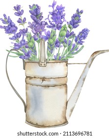 Watercolor Lavender Bouquet With Retro Farm Vase. Vintage Enamel Elements With Flowers