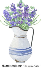 Watercolor Lavender Bouquet With Retro Farm Vase. Vintage Enamel Elements With Flowers