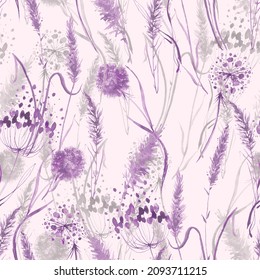 Watercolor Lavender Flower, Grass   Seamless Pattern In Vintage Hand Drawn Style. Elegant Floral Background Illustration.Watercolor Provance Lavender Set. Flowers Isolated On Background. Bouquet.