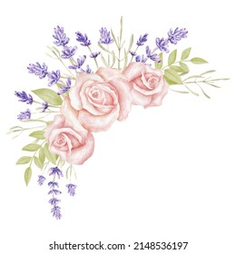 Watercolor lavender and rose flower bouquet. Provence floral arrangement. Vintage garden. Botanical clipart. Hand painted illustration for greeting card.
