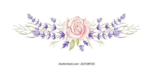 Watercolor Lavender And Rose Flower Wreath, Bouquet. Provence Floral Arrangement. Vintage Garden. Botanical Clipart. Hand Painted Illustration