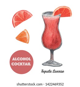 Watercolor layouts of alcohol cocktails Tequila Sunrise with decoration. Isolated, high resolution elements for summer menu, invitations, vacation design. - Powered by Shutterstock