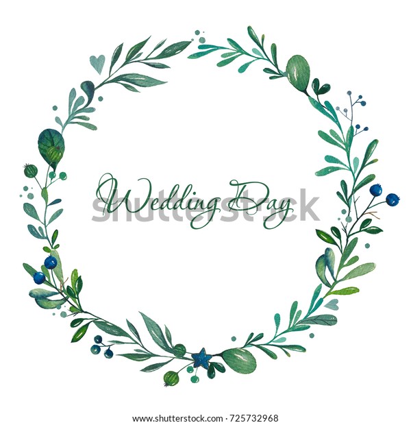 水彩の葉とベリーロマンチックな花輪 ビンテージの丸枠 田舎風の花輪 白い背景に植物イラスト のイラスト素材
