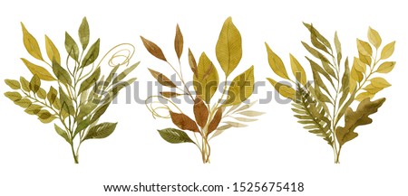 Watercolor leaves floral compositions. Three autumn leaves bouquets of dark green and yellow color, painted with watercolor. Botanical illustration.
