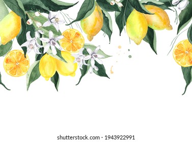 Watercolor Lemon Decorative Border Isolated On White