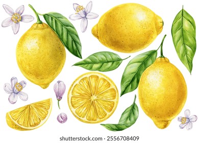 watercolor lemon fruit isolated on white background, botanical illustration of citrus fruits, set of fresh lemons