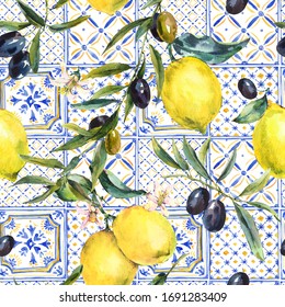 Watercolor lemon, olive branches ornament seamless pattern, hand drawn yellow, blue print texture. Vintage summer wallpaper.
