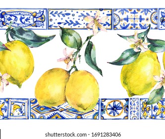 Watercolor Lemon Ornament Seamless Border, Fruit Hand Drawn Yellow And Blue Print Texture. Vintage Summer Wallpaper.