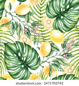 Watercolor lemon tropical leaves pattern. Lemon pattern. Tropical pattern. Blooming pattern for textiles, fabrics, prints, clothing, wallpaper - Powered by Shutterstock