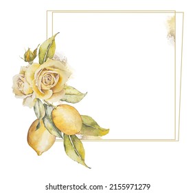 Watercolor lemon, yellow roses, greenery gold square frame. Perfect for wedding, baby shower, bridal shower, save the date invitation. Summer botanical art, spring composition - Powered by Shutterstock