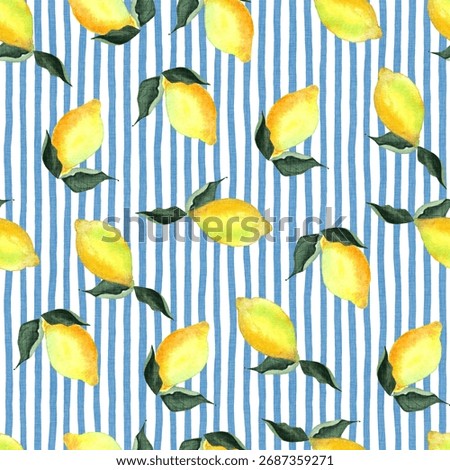 Watercolor lemons seamless pattern background. On blue striped