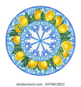 Watercolor lemons and sicilian majolica round wreath frame. Hand drawn card with Italian style ceramic tile element. Design for invitation and congratulations. - Powered by Shutterstock