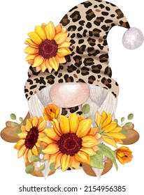 Watercolor Leopard Gnome With Sunflower Hand-drawn